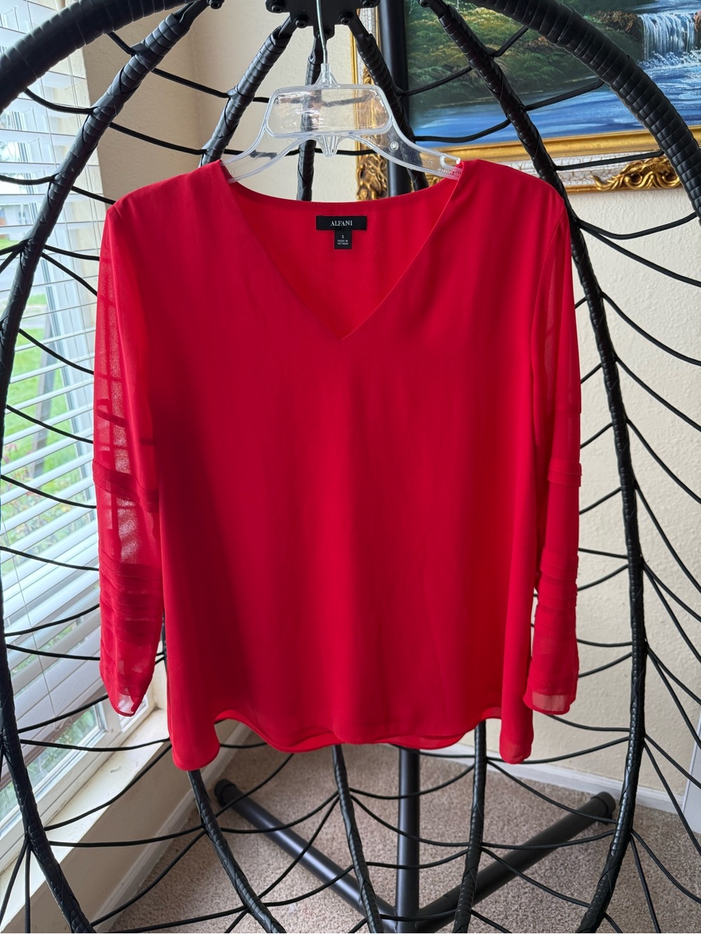 Alfani Red V-Neck Blouse with Sheer Mesh Pleated Sleeves Size Small SP19